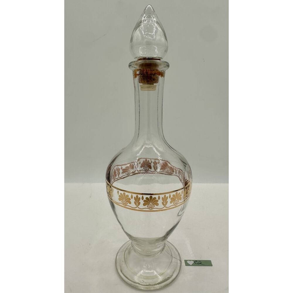 Vintage Clear Glass Decanter w Stopper Gold Floral Band Mid Century Barware
